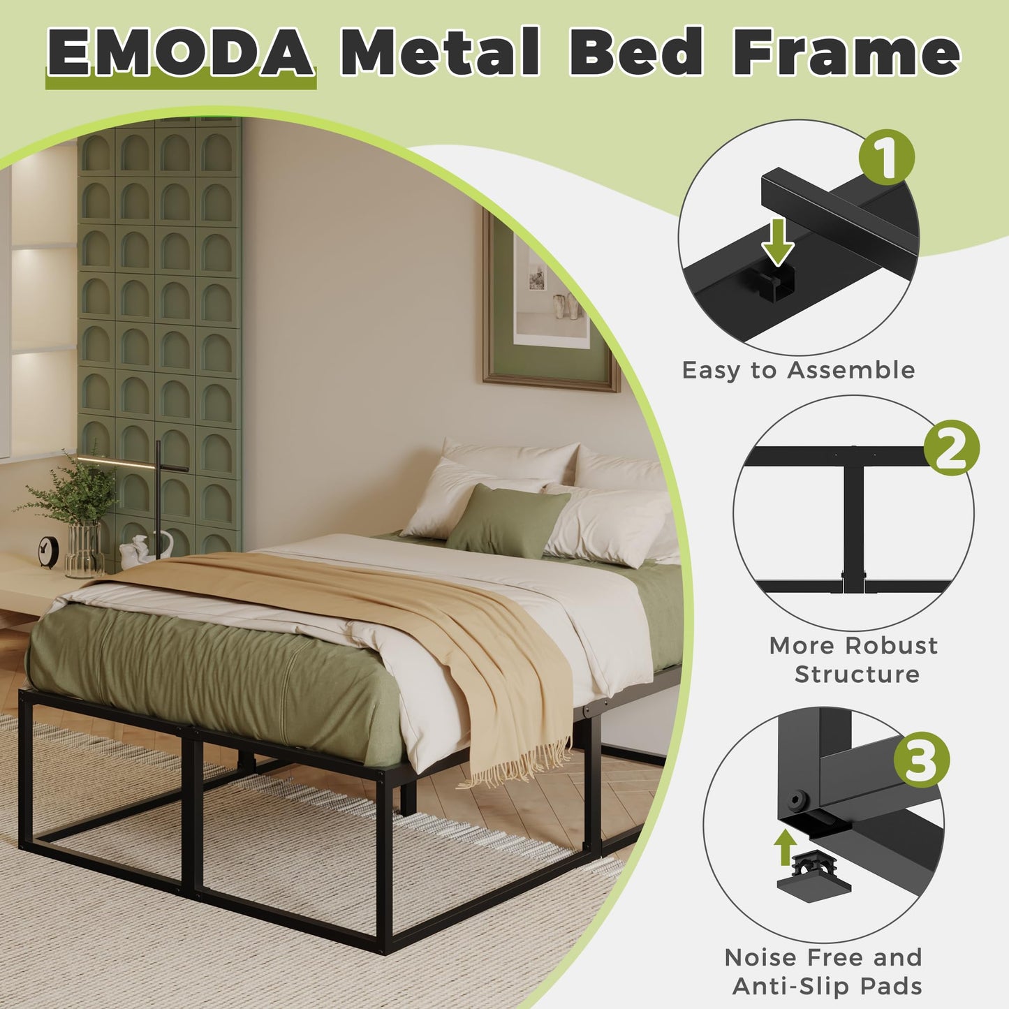 EMODA 46 cm High Metal Bed Frame 160x190 cm, Black