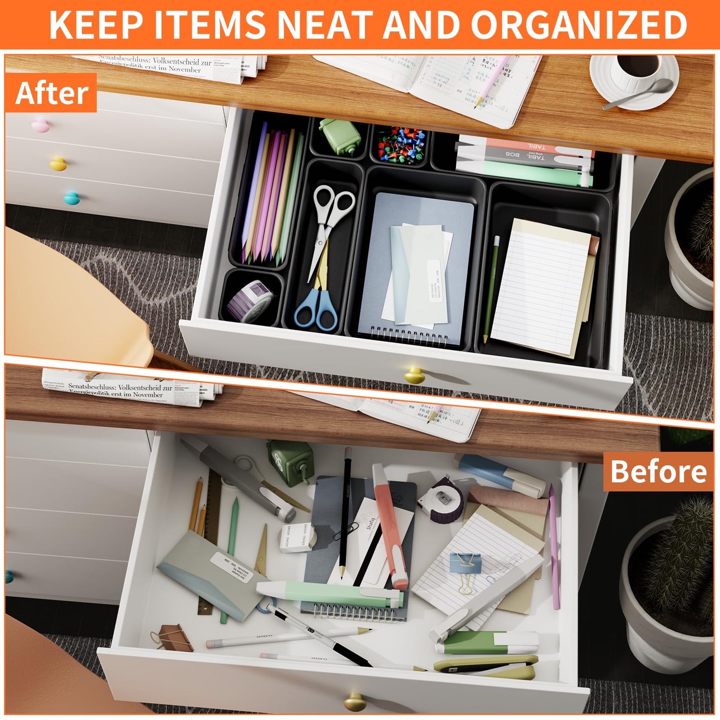 Giklux 45 PCS Makeup Drawer Organiser Trays, 3 Sizes Desk Drawer Dividers Organisers for Cutlery, Kitchen, Bathroom, Office, Cosmetics, Vanity