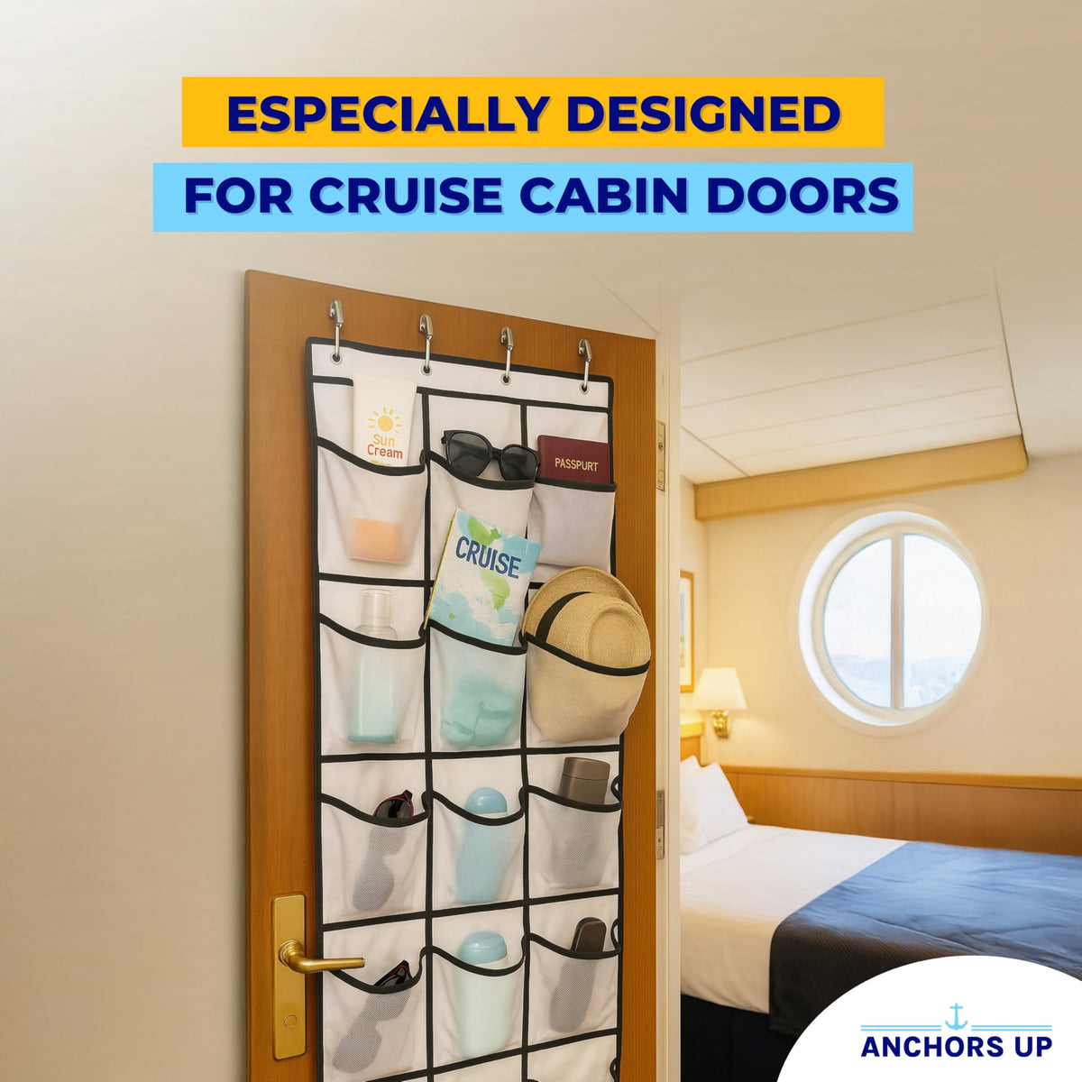 Cruise Cabin Over Door Organiser for Shoes, Toiletries and Travel Accessories – 24 Pockets – Tested on All Major Cruise Lines such as P&O, Marella