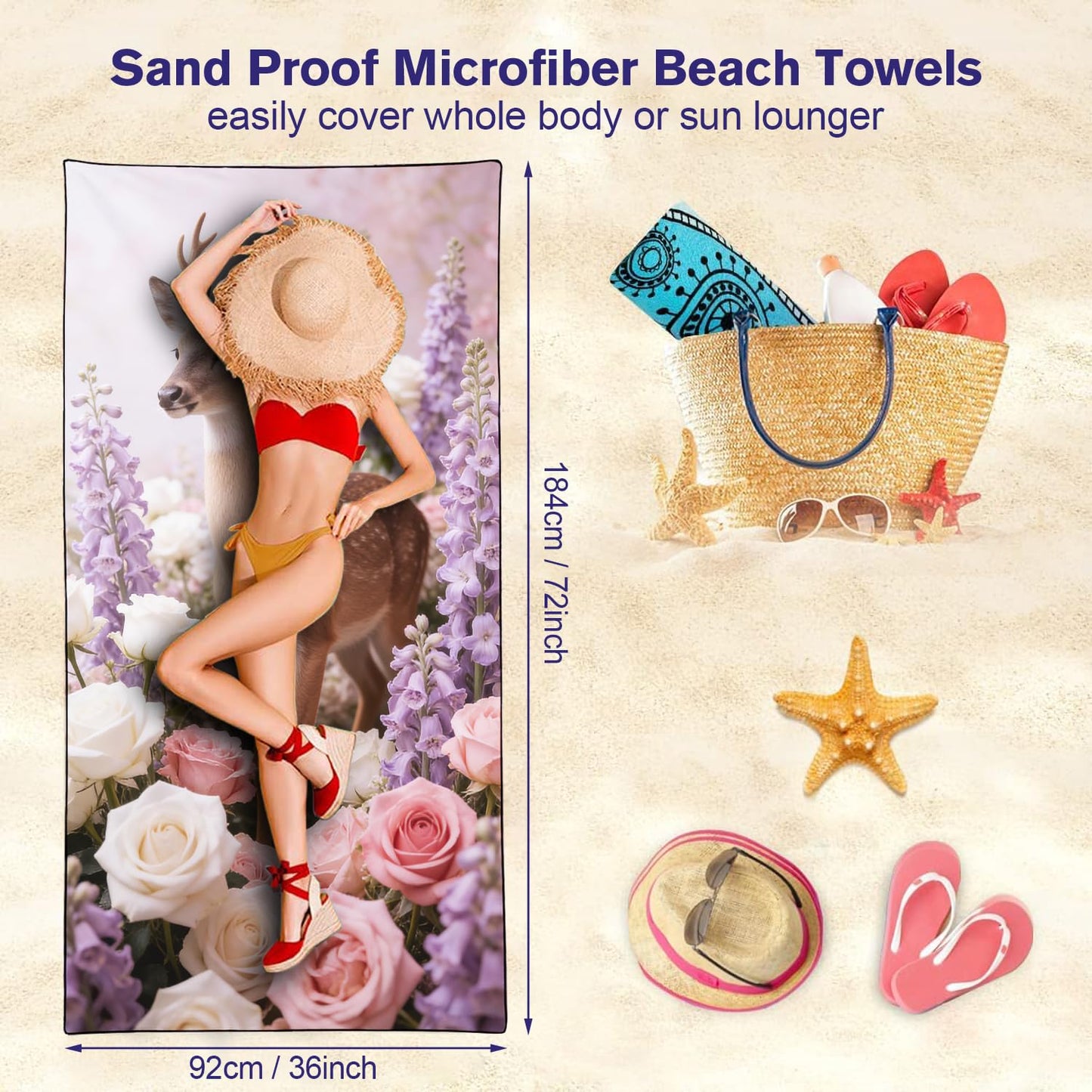 Violetpos Deer in Roses & Larkspur Beach Towel, Extra Large 180x90 cm 250GSM Microfibre, Sand Free Quick Dry