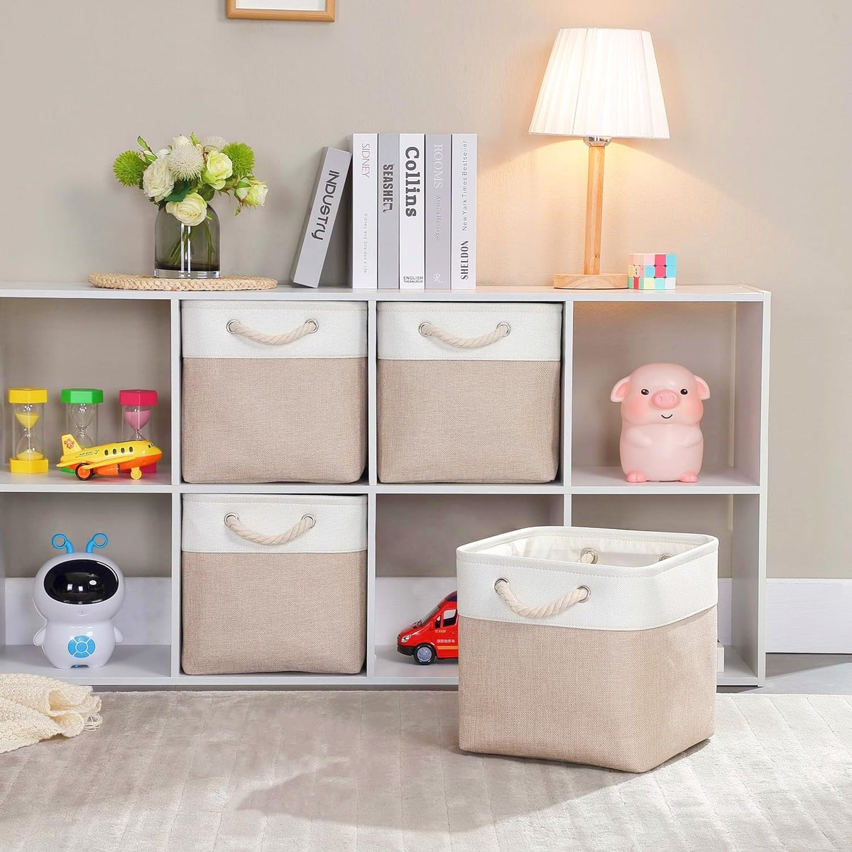 SOCOHOME Cube Storage Boxes,33x33x33cm Storage Baskets for Organizing Clothes Shelf Nursery ClosetLight Khaki/White, Set of 6
