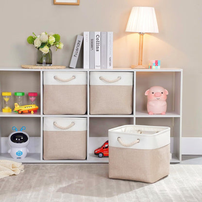 SOCOHOME Cube Storage Boxes,33x33x33cm Storage Baskets for Organizing Clothes Shelf Nursery ClosetLight Khaki/White, Set of 6