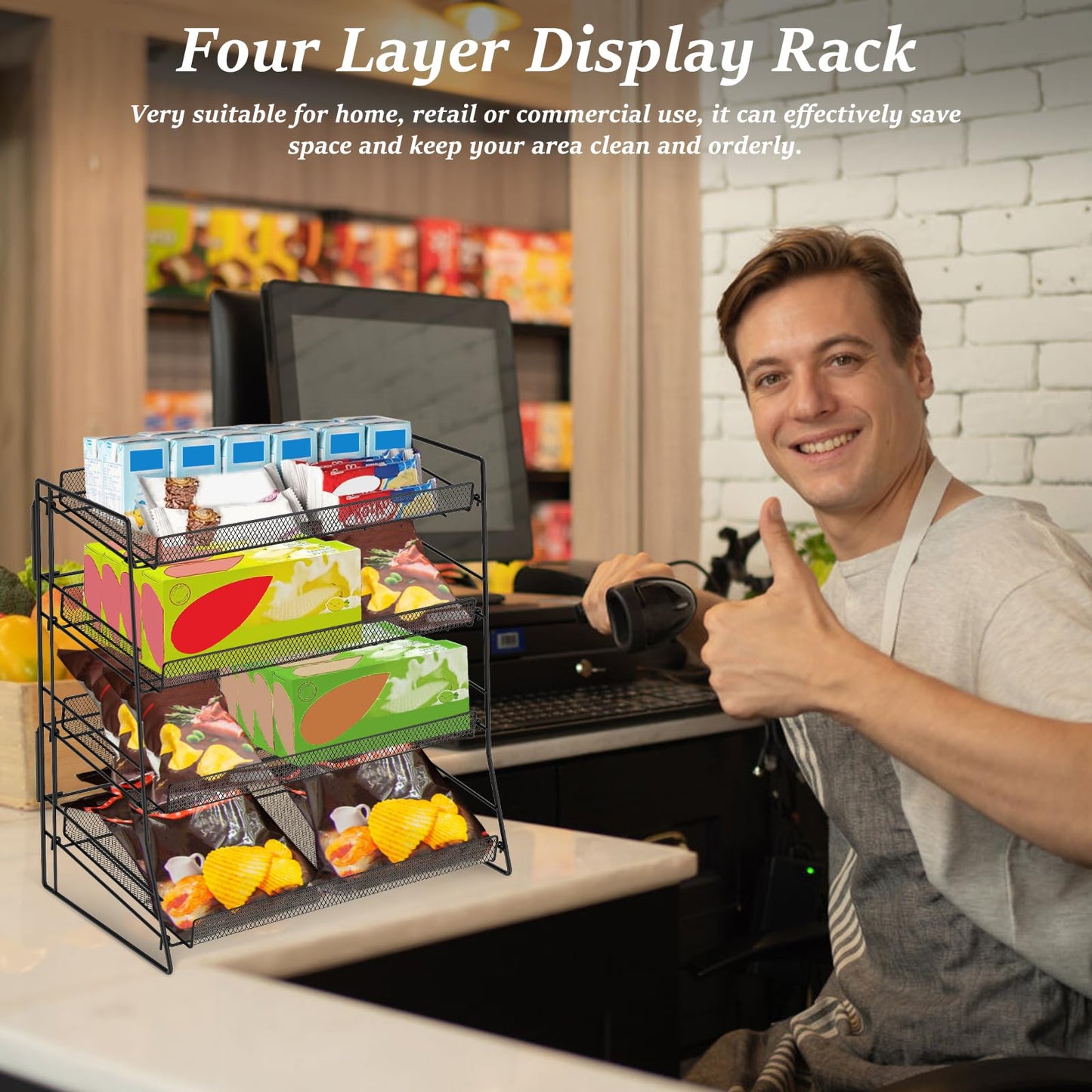 BUTORY 4 Tier Candy Display Rack Stackable Organiser for Snacks Compact Easy to Assemble Countertop Chip Rack Display Stand Chip Bag Holder Snack