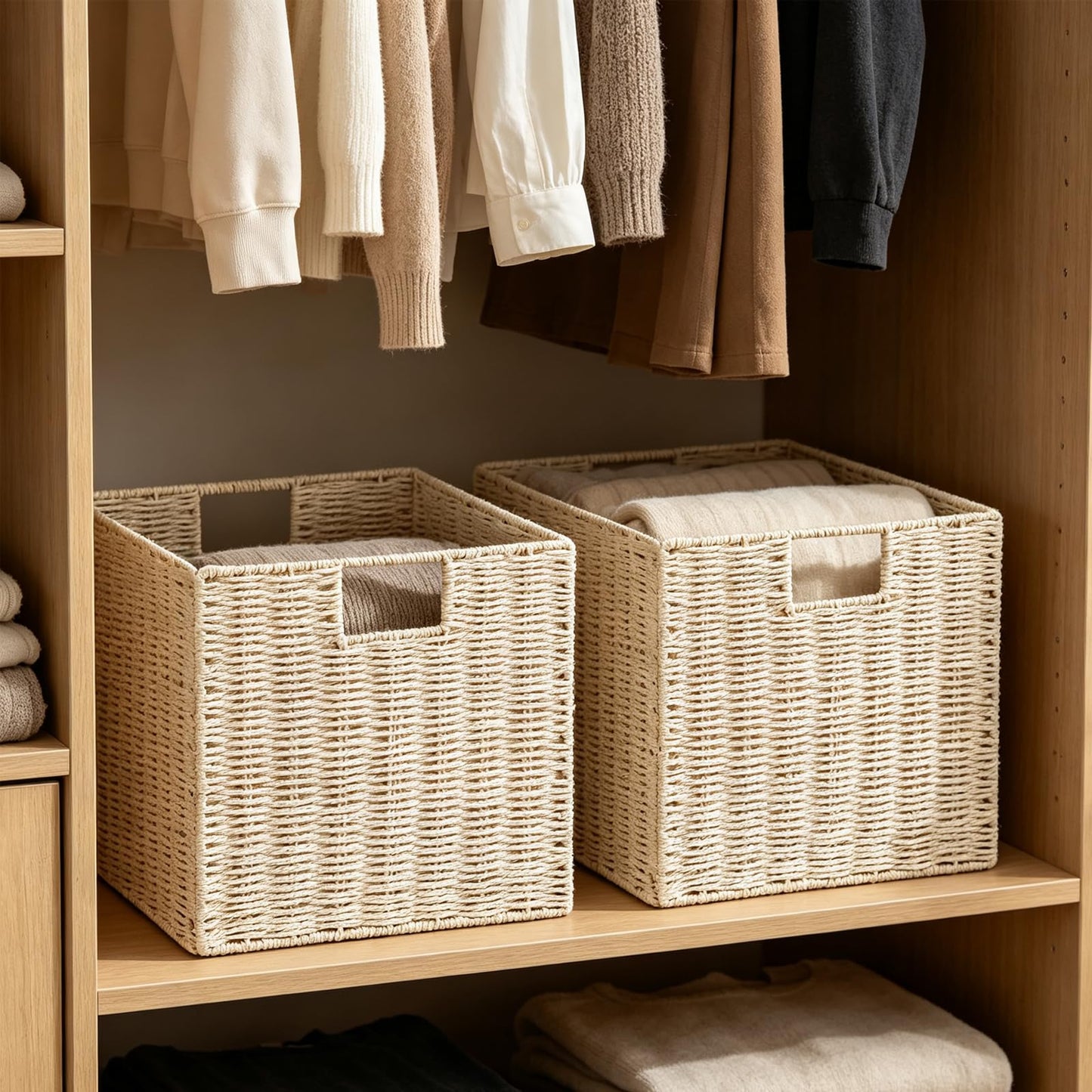 Vagusicc Wicker Storage Basket, Set of 2 Handwoven Wicker Basket, Foldable Storage Baskets Organizer Cube Bins with Handles for Shelves Bathroom