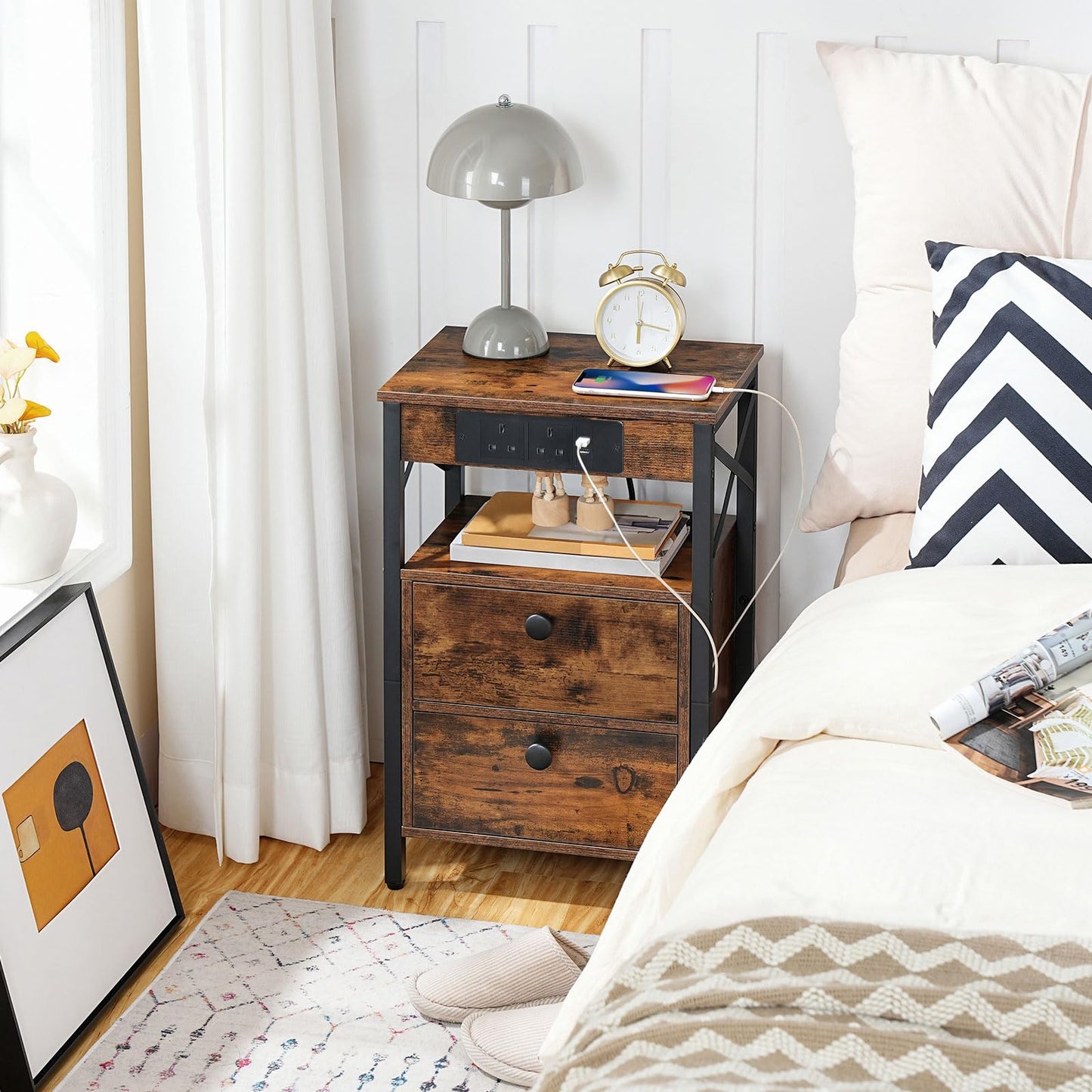 HOOBRO Bedside Table with Charging Station, X-shaped End Table with 2 USB Ports and 2 AC Outlets, Side Table Living Room, Nightstand with 2 Drawers,