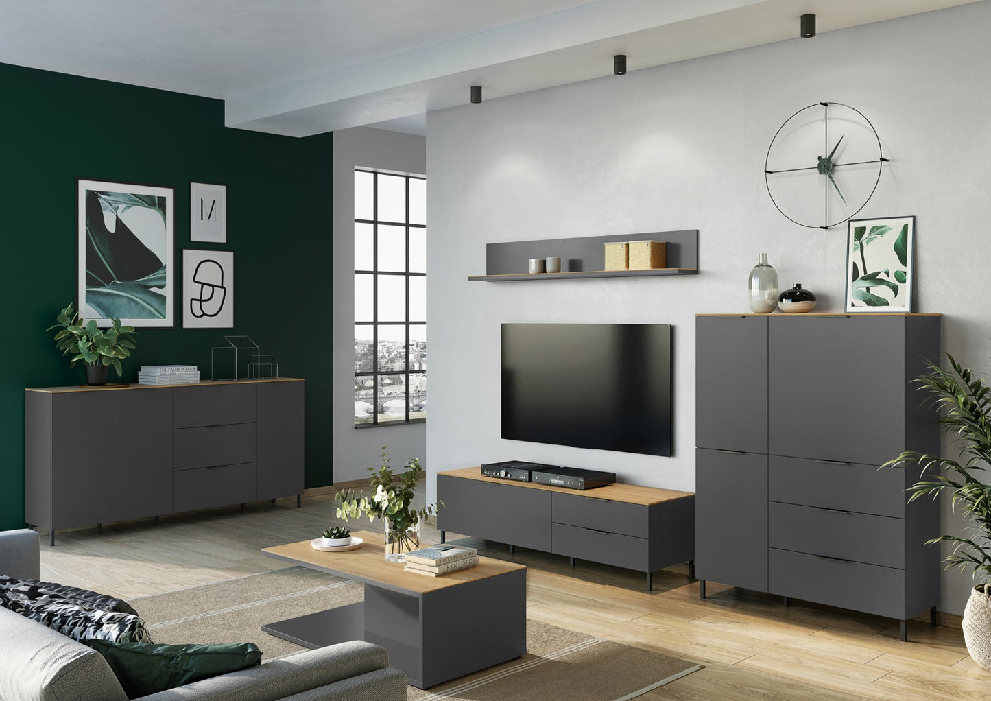Germania Lowboard 1472-549 GW-CALIFORNIA, in graphite/Navarra oak repro, with self-closing drawers, 164 x 47 x 47 cm (WxHxD)
