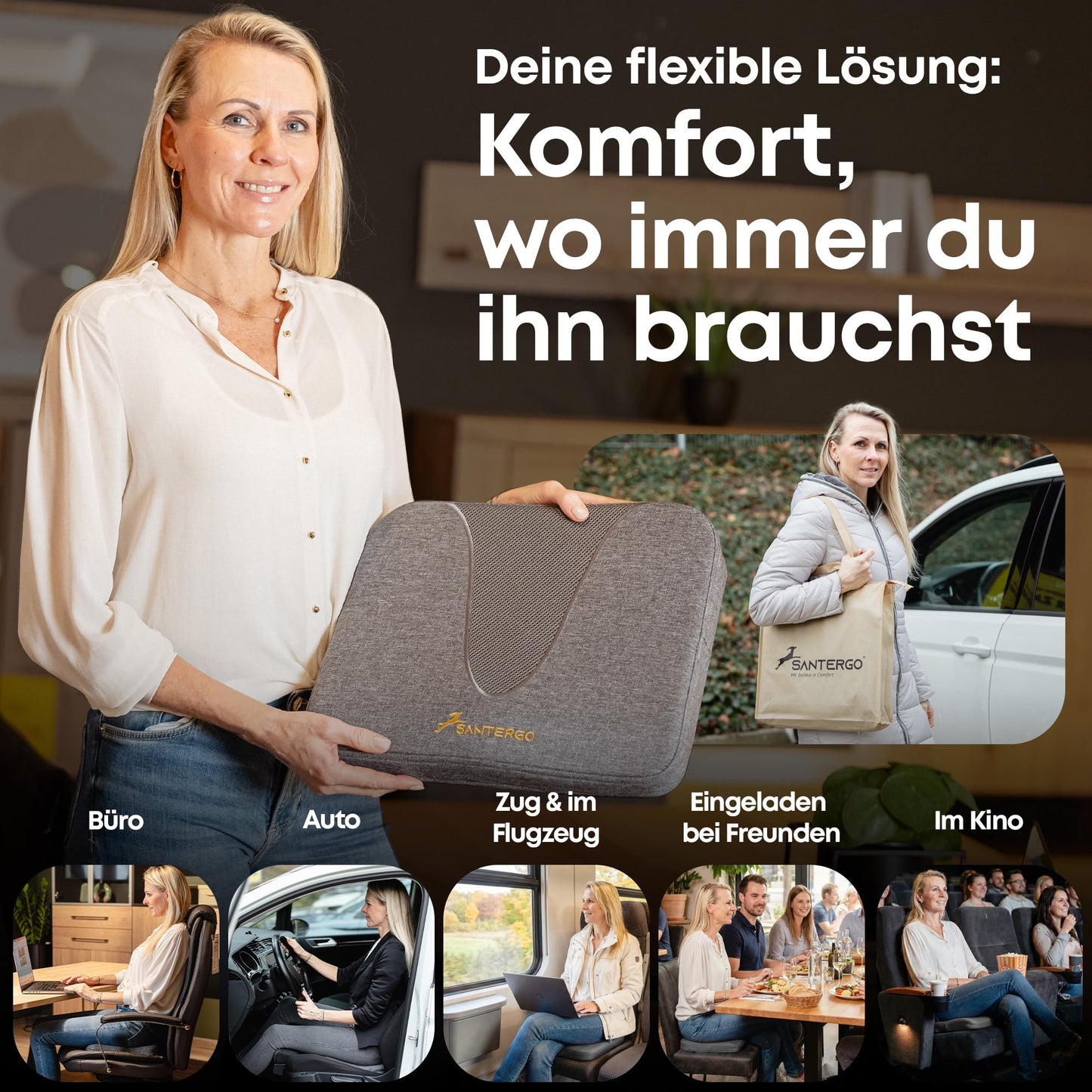 SANTERGO Ergonomic Seat Cushion Made of Moulded Foam [Patented & Dimensionally Stable] Chair Cushion Wedge Cushion Chair Office Chair Wheelchair Car
