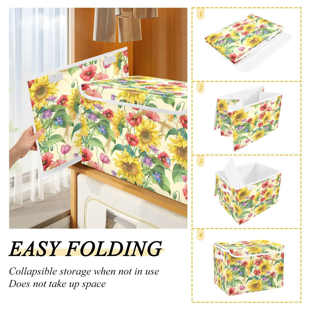 Mnsruu Storage Boxes with Lids, Shabby Chic Sunflower Poppy Daisy Large Storage Basket Organizer Shelves Cube Bin Toy Clothes Underbed