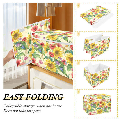 Mnsruu Storage Boxes with Lids, Shabby Chic Sunflower Poppy Daisy Large Storage Basket Organizer Shelves Cube Bin Toy Clothes Underbed