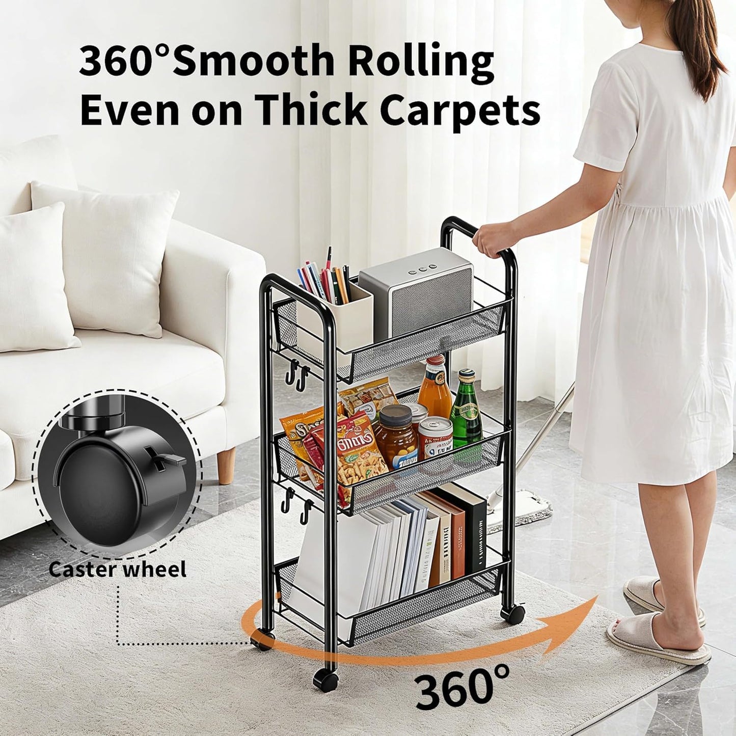 Goeasyoii 3/4/5 Tier Rolling Cart, Metal Storage Cart,Space-Saving Kitchen Cart with Castors,Shelving Organizer for Kitchen, Bathroom, Laundry Room