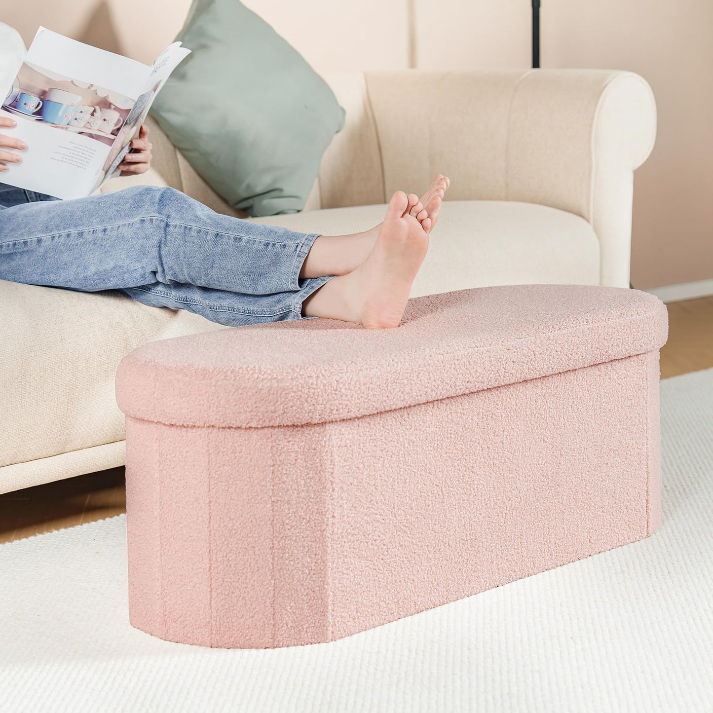 Bonlife Ottoman Storage Bench,Folding Boucle Footstool Oval, End of Bed Stool, Ideal for Living Room, Bedroom, 100L Storage Space,Pink,110x38x38cm