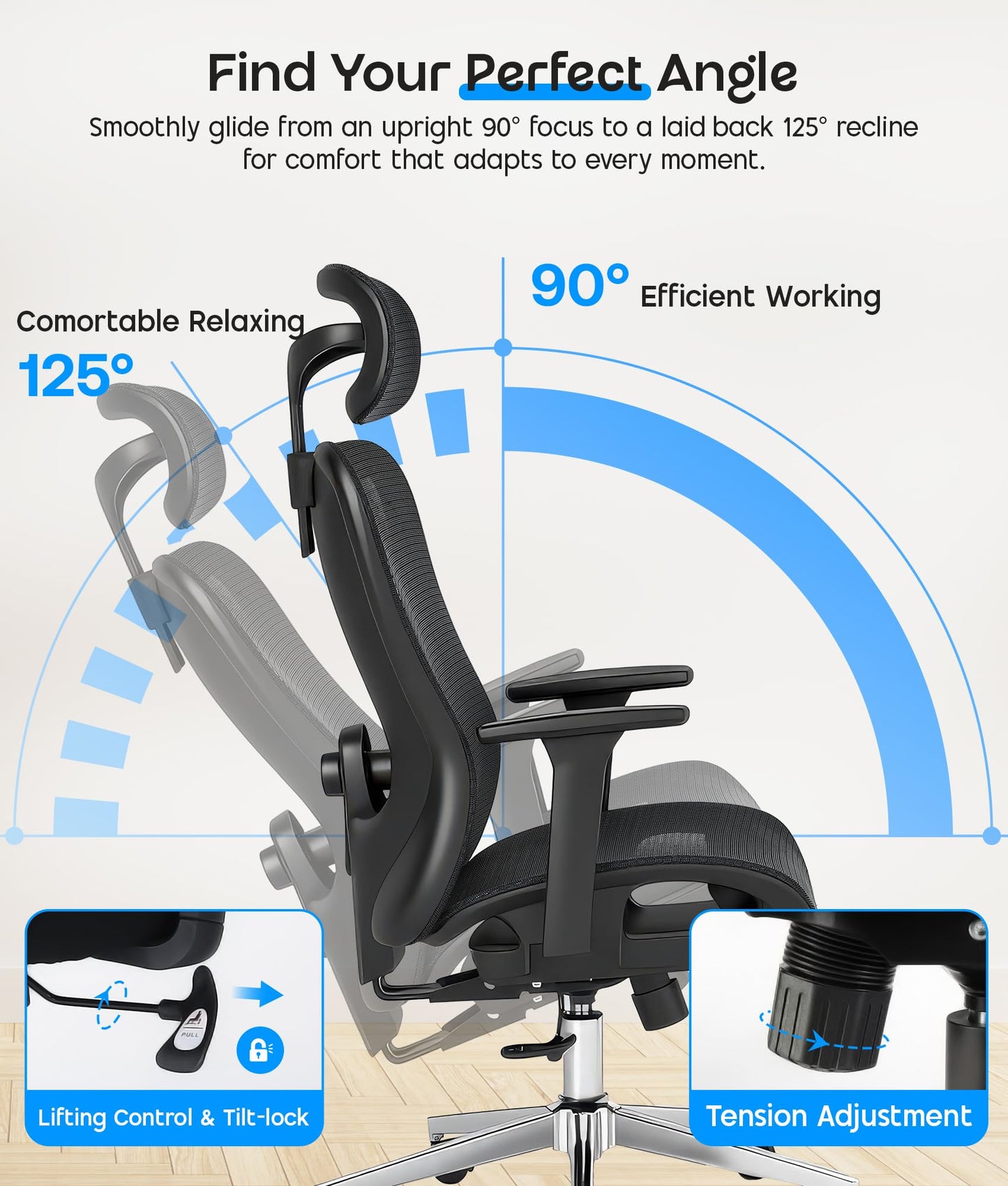 CHI ENERGY Ergonomic Desk Chair, High Back Office Chair with Adjustable Lumbar Support, Headrest and Armrests, Reclining Executive Swivel Chair