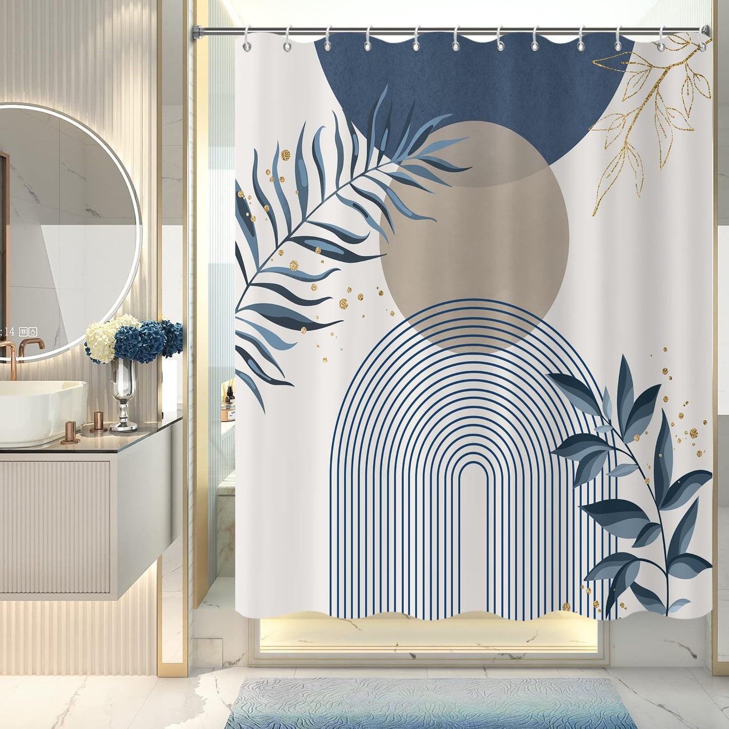 GCIREC Shower Curtain, 180x200cm, Blue Khaki Boho Mid Century Modern Abstract with Minimalist Leaf Waterproof Fabric Machine Washable Bathroom