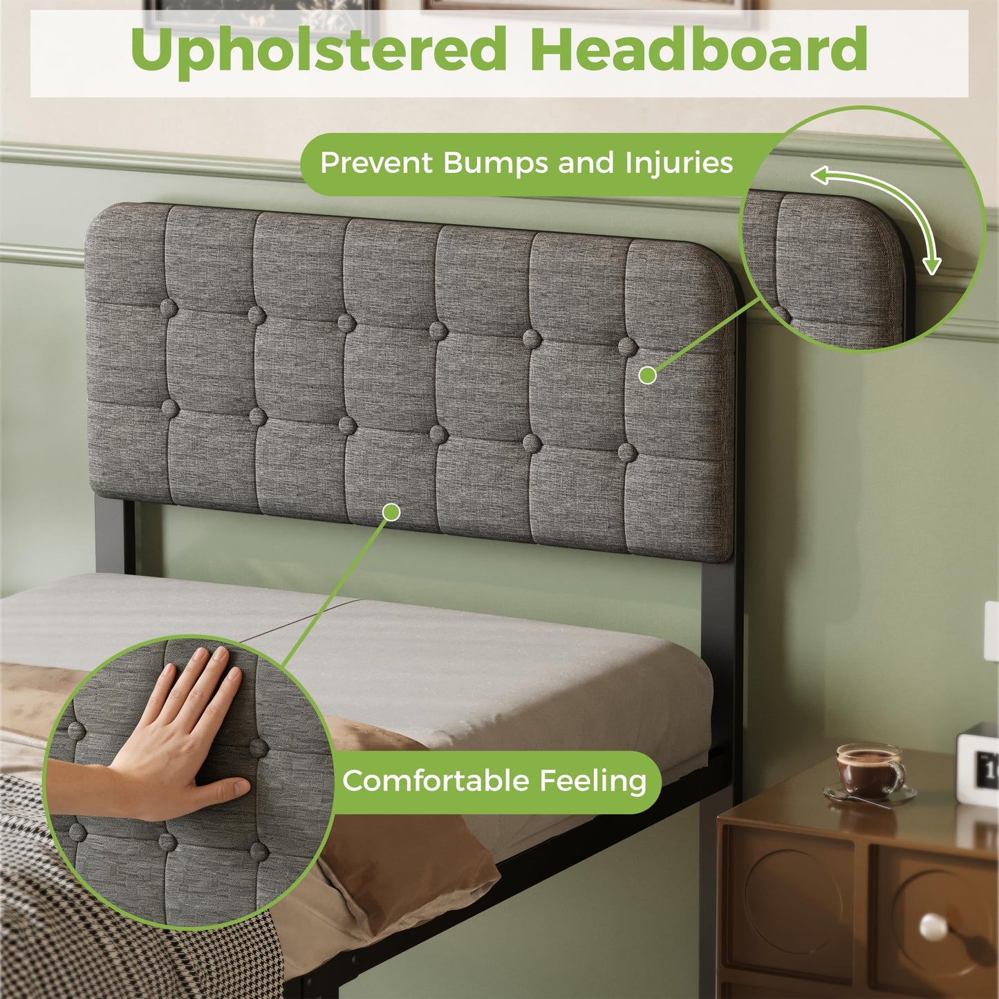 Lutown-Teen Single Bed Frame with Grey Upholstered Headboard