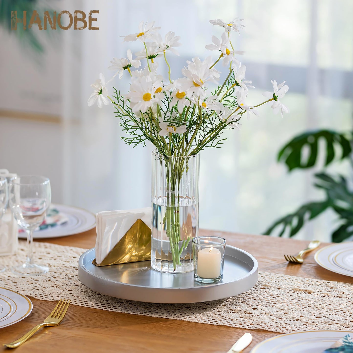 Hanobe Lazy Susan Bathroom Tray: Decorative Round Table Centerpieces 12 inch Turntable Organizer for Countertop Dining Room Kitchen Pantry Champagne