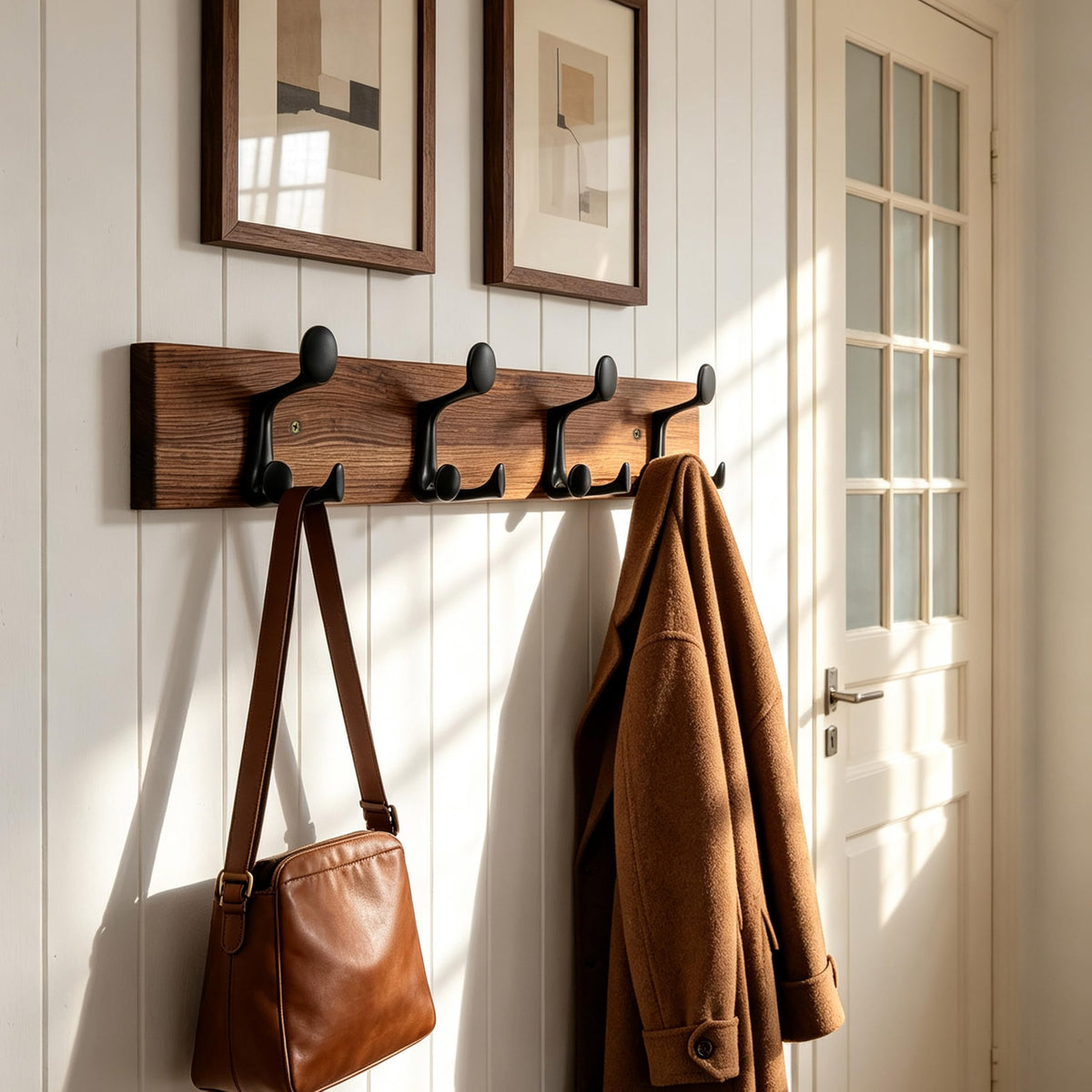 HONSKY Wall Mounted Coat Rack, 61cm Brown Pine Wood Base, 4 Black Sturdy Aluminium Alloy Triple Hooks12 Hanging Points