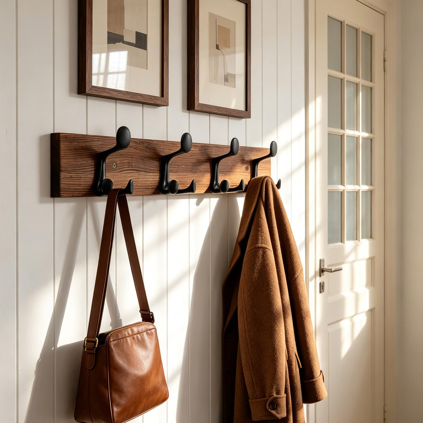 HONSKY Wall Mounted Coat Rack, 61cm Brown Pine Wood Base, 4 Black Sturdy Aluminium Alloy Triple Hooks(12 Hanging Points)