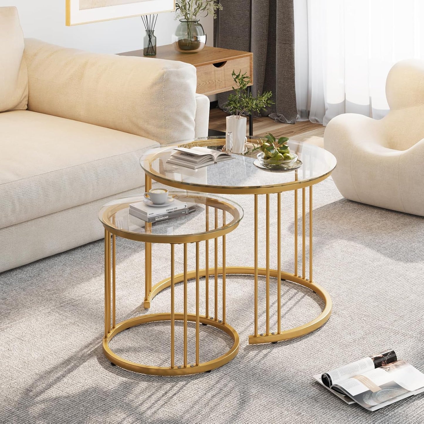 Huhote Round Coffee Tables, Set of 2 End Table, Nesting Tables, Side Table with Metal Frame for Living Room/Bedroom/Balcony/Office/Apartment