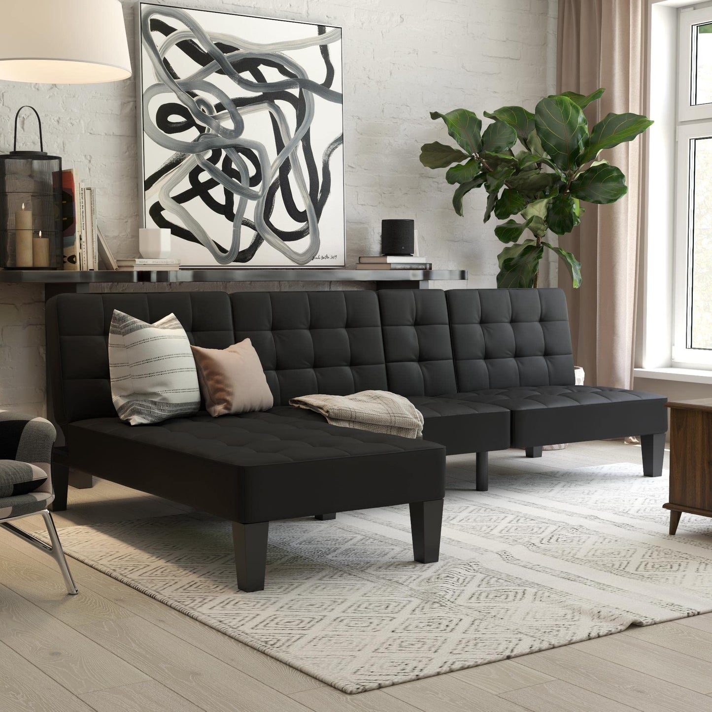 DHP Furniture Adalynn Chaise Lounger Black Faux Leather, 163x73x80cm (DxWxH)