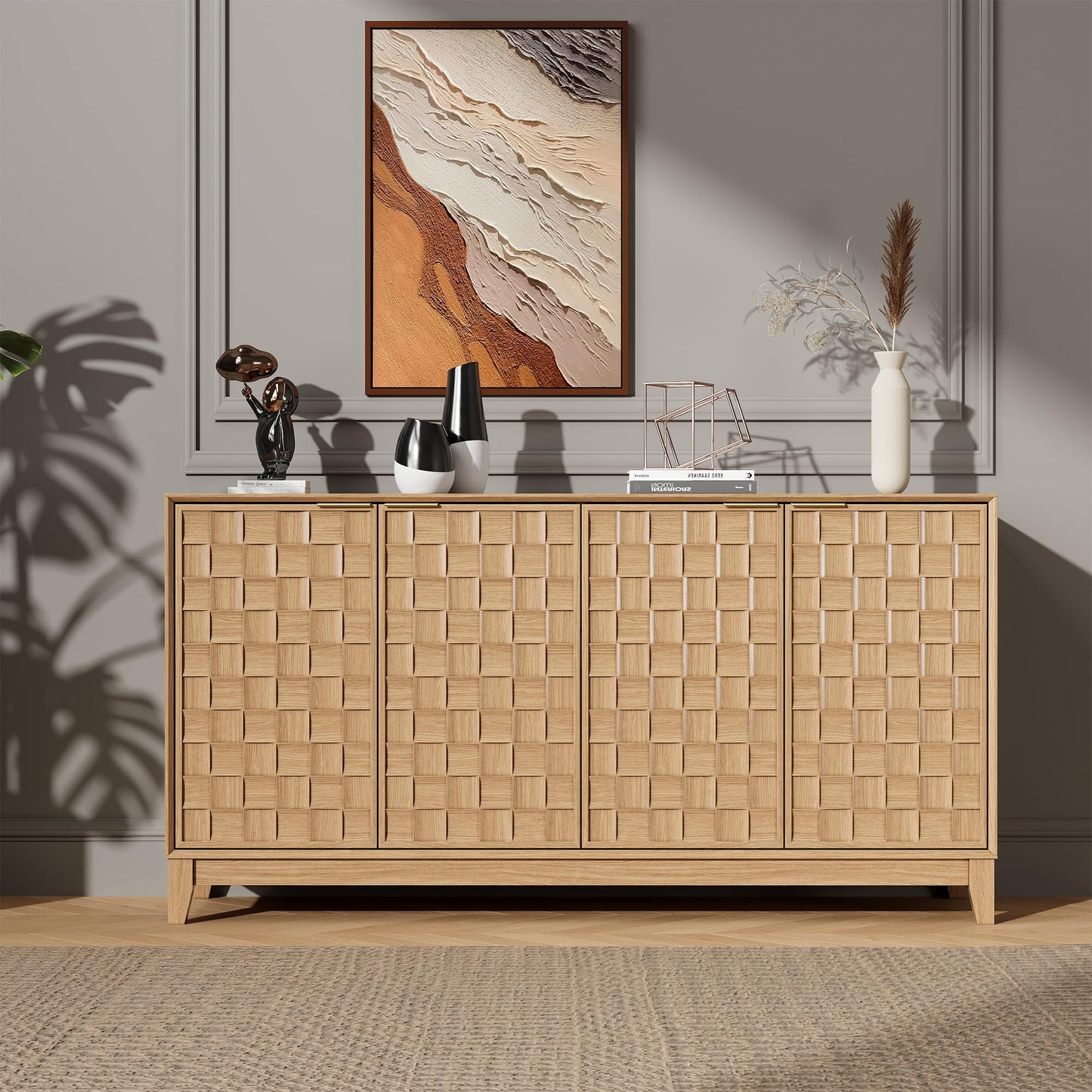 COLAMY Sideboard Cabinet, Wooden Sideboard Cabinet with 4 Doors, Textured Design, Adjustable Shelves, Soft Close Hinges