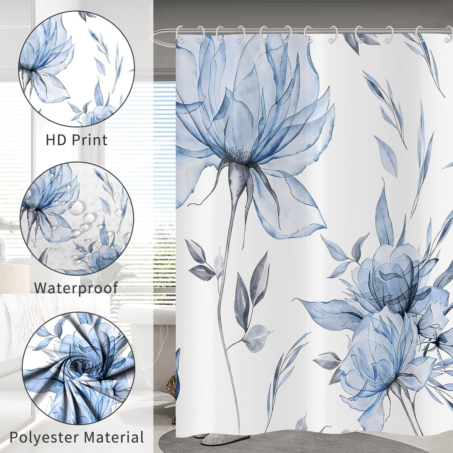 Hnmdmyi Watercolor Floral Shower Curtain 180x180, Blue Boho Flower Leaf Modern Minimalist Aesthetic Art Bathroom Curtains Waterproof Polyester Fabric