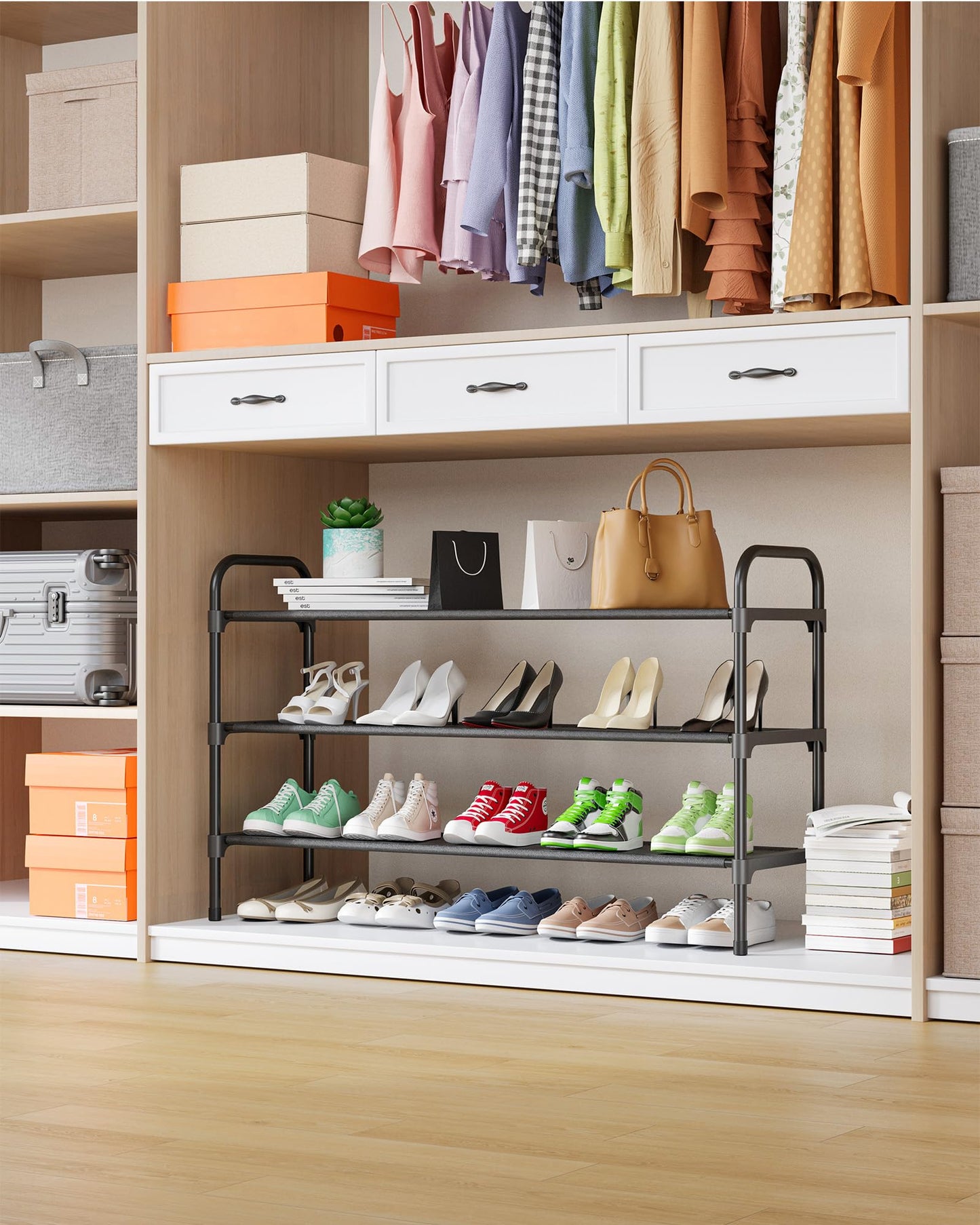 Kitsure Space-Saving Shoe Rack for Closet, 99.0 cm Wide - 3 Tiers, Black