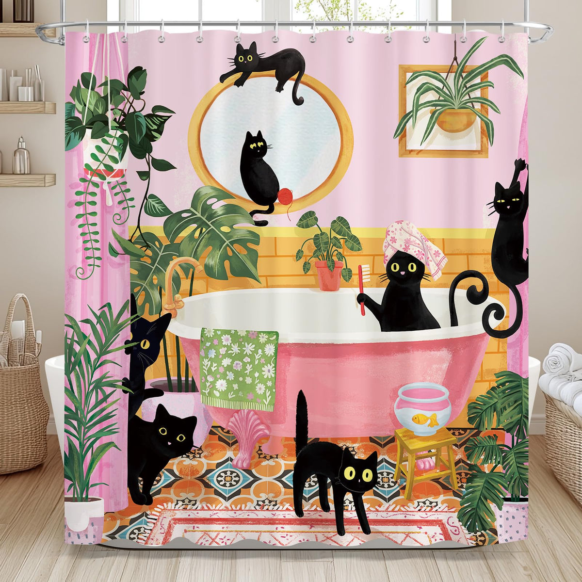 Dazzlewall Pink Cat Shower Curtain for Bathroom Mould & Mildew Resistant