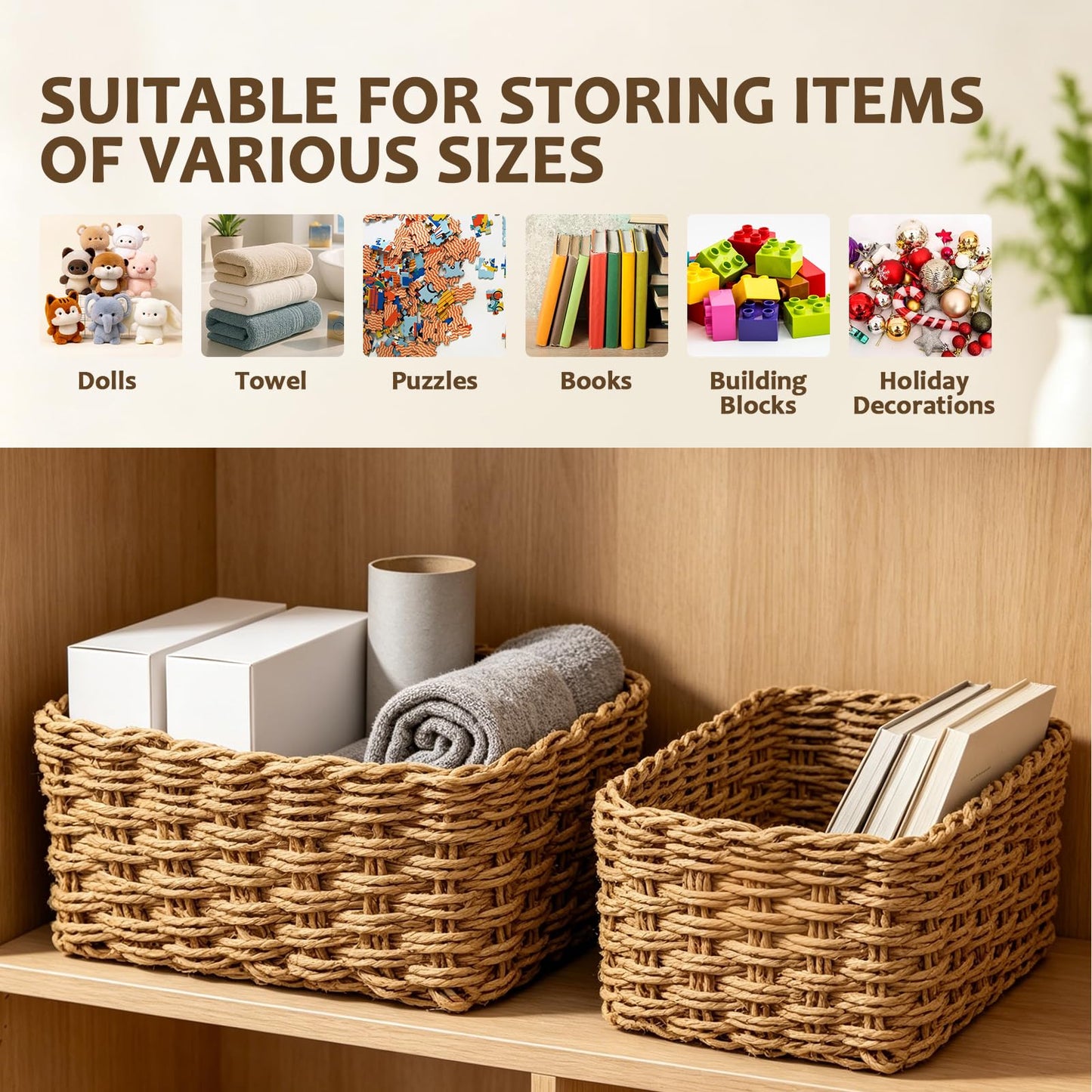 4PCS Woven Storage Baskets Set, Decorative Basket Organizer Storage Bins for Toys, Books, Clothes, Closet, Nursery, Bathroom