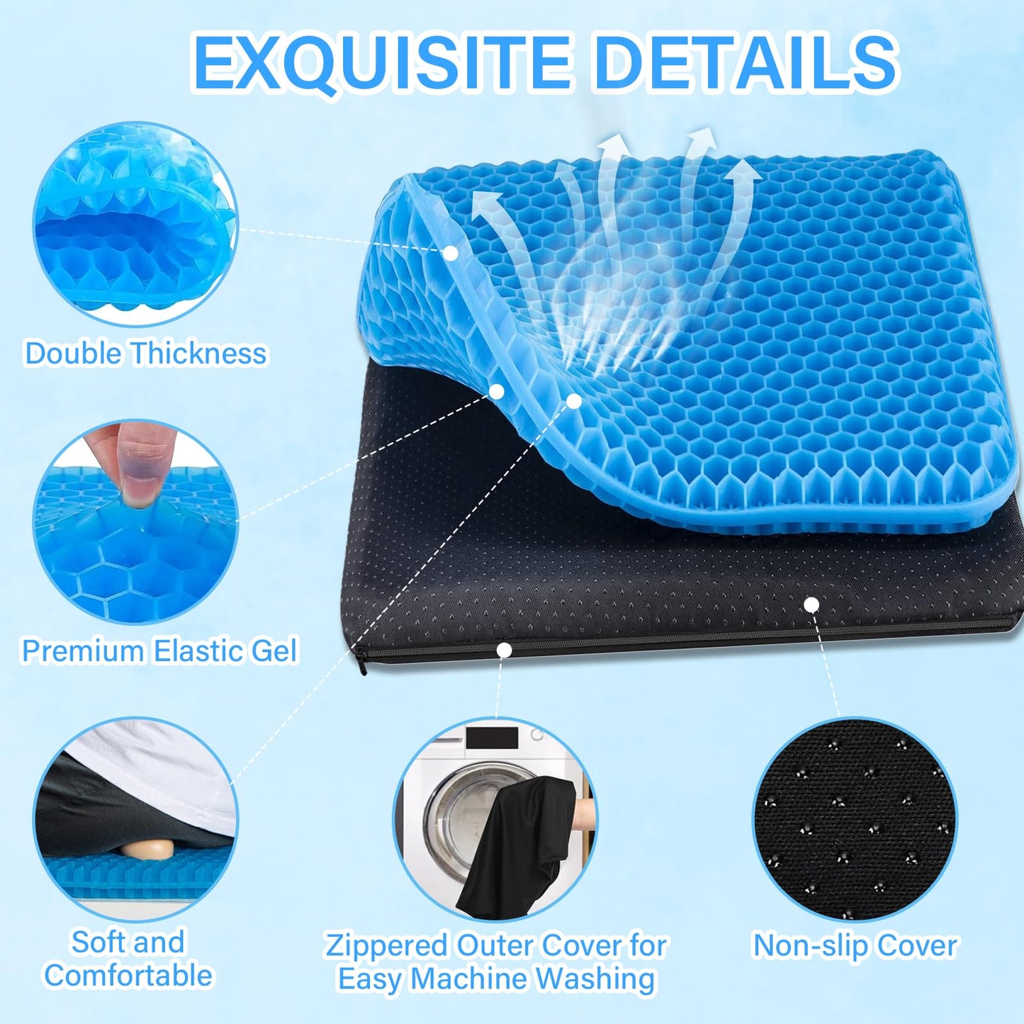 Audasi Gel Seat Cushion, Honeycomb Thick Gel Seat Pad for Bottoms Soft Sitter Cushion Relieving Back Coccyx Pressure Seat Cushions for Car Office