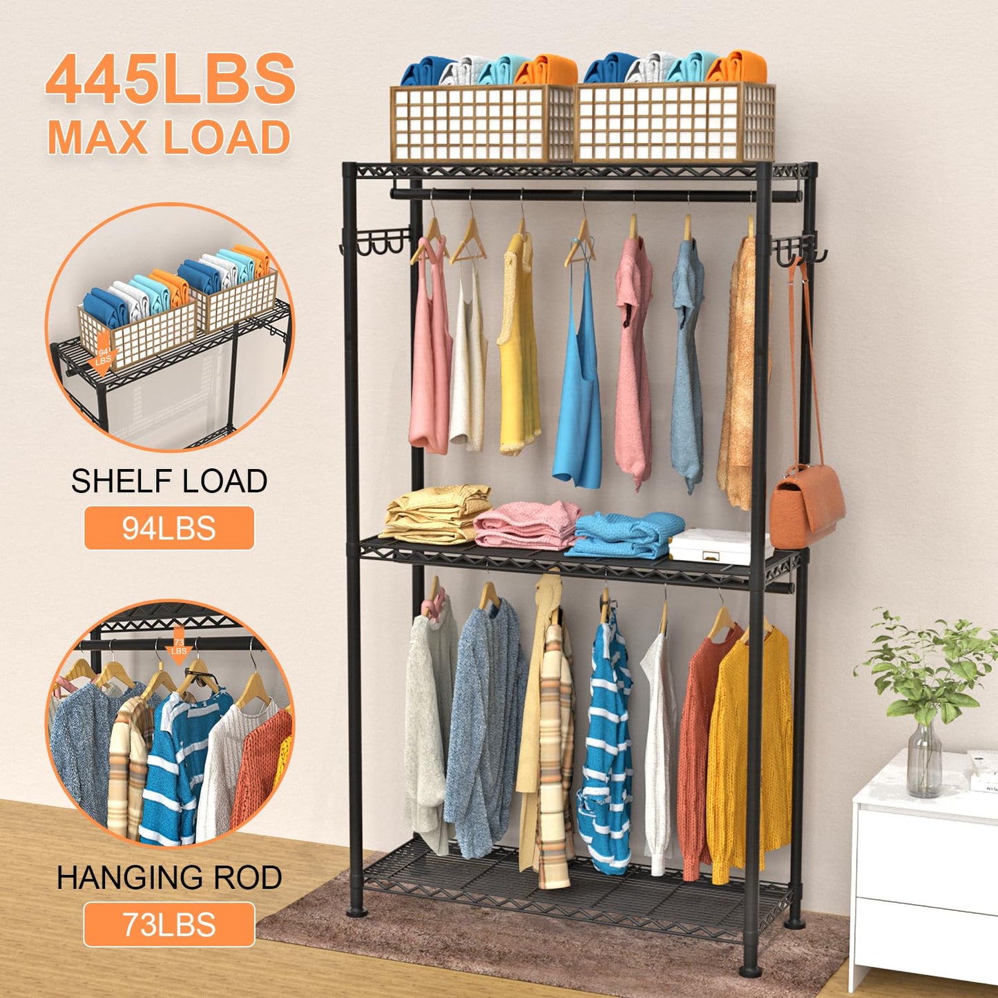 VyGrow Clothes Rail, Clothes Rack for Hanging Clothes, 3 Tiers Adjustable Garment Rack with Wheels, Double Rods, Side Hooks, Heavy Duty, Black
