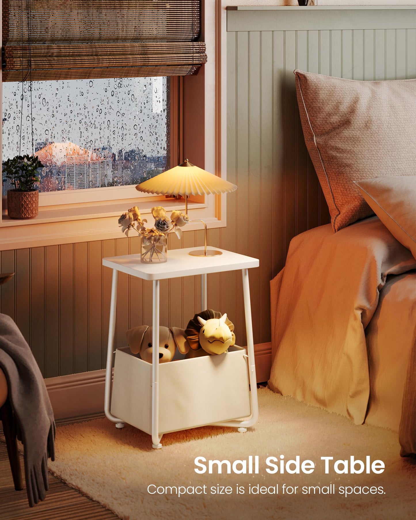 CHOEZON Small Side Table, End Table with Fabric Basket, Modern Nightstand for Small Spaces, Bedside Table for Nursery, Living Room, Bedroom, White
