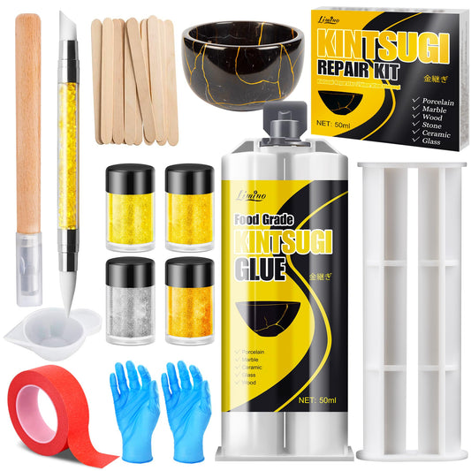 Kintsugi Repair Kit - Gold ? Silver Food Safe Glue for Pottery and Porcelain Repair, Ceramic Repair Resin for Bowls, Plates, Vases, Jades, Newbie