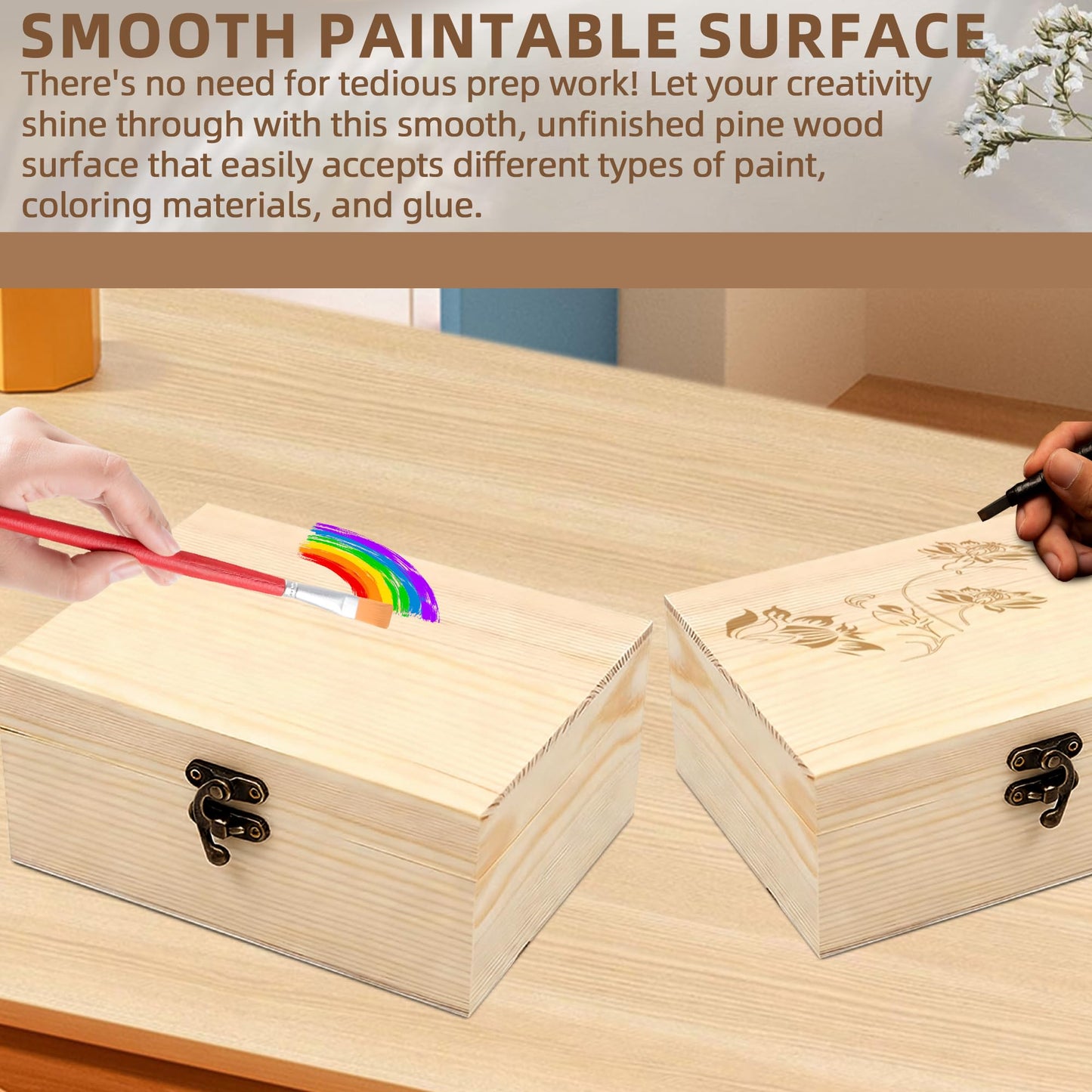 VIKOS Products (2-Pack Unfinished Unpainted Wooden Box with Hinged Lid for Crafts DIY Storage Jewelry Plain Pine Box - Small 6.7"x5.1"x3.1"