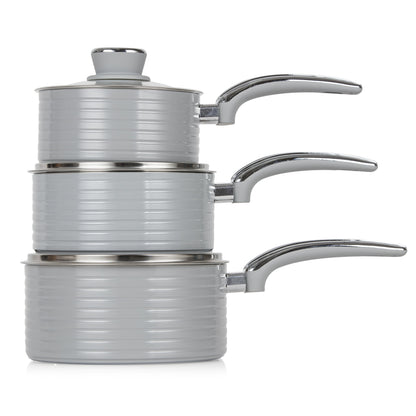 Swan SWPS3020GRN Retro Induction Saucepan Set With Glass Lids, Non Stick Ceramic Coating, Easy to Clean, Grey, 3 Piece, 16/18/20 cm