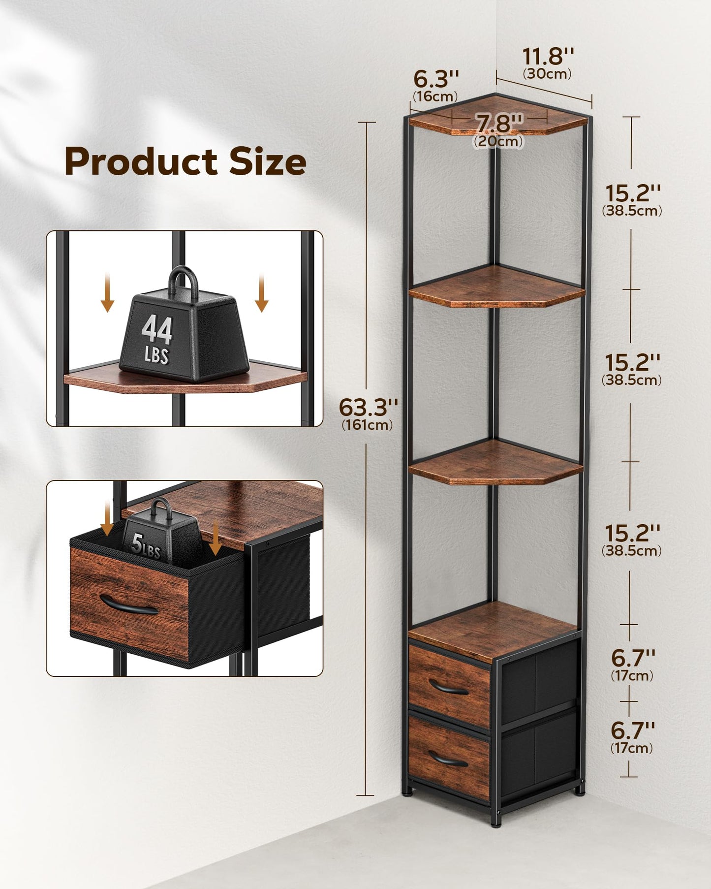 Housolution 6 Tier Corner Shelf Stand with Storage and Fabric Drawers,Brown