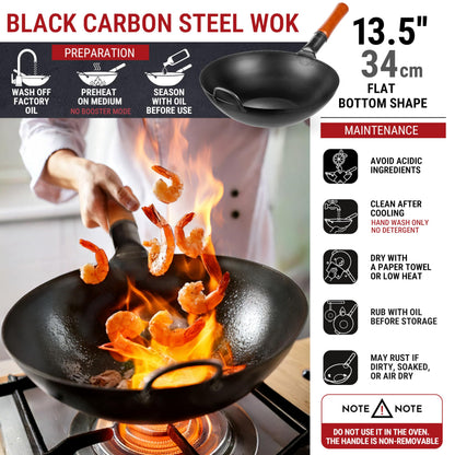 YOSUKATA Carbon Steel Wok Pan  34 cm Woks and Stir Fry Pans - Chinese Wok with Flat Bottom Pow Wok - Traditional Chinese Japanese Woks - Black Steel