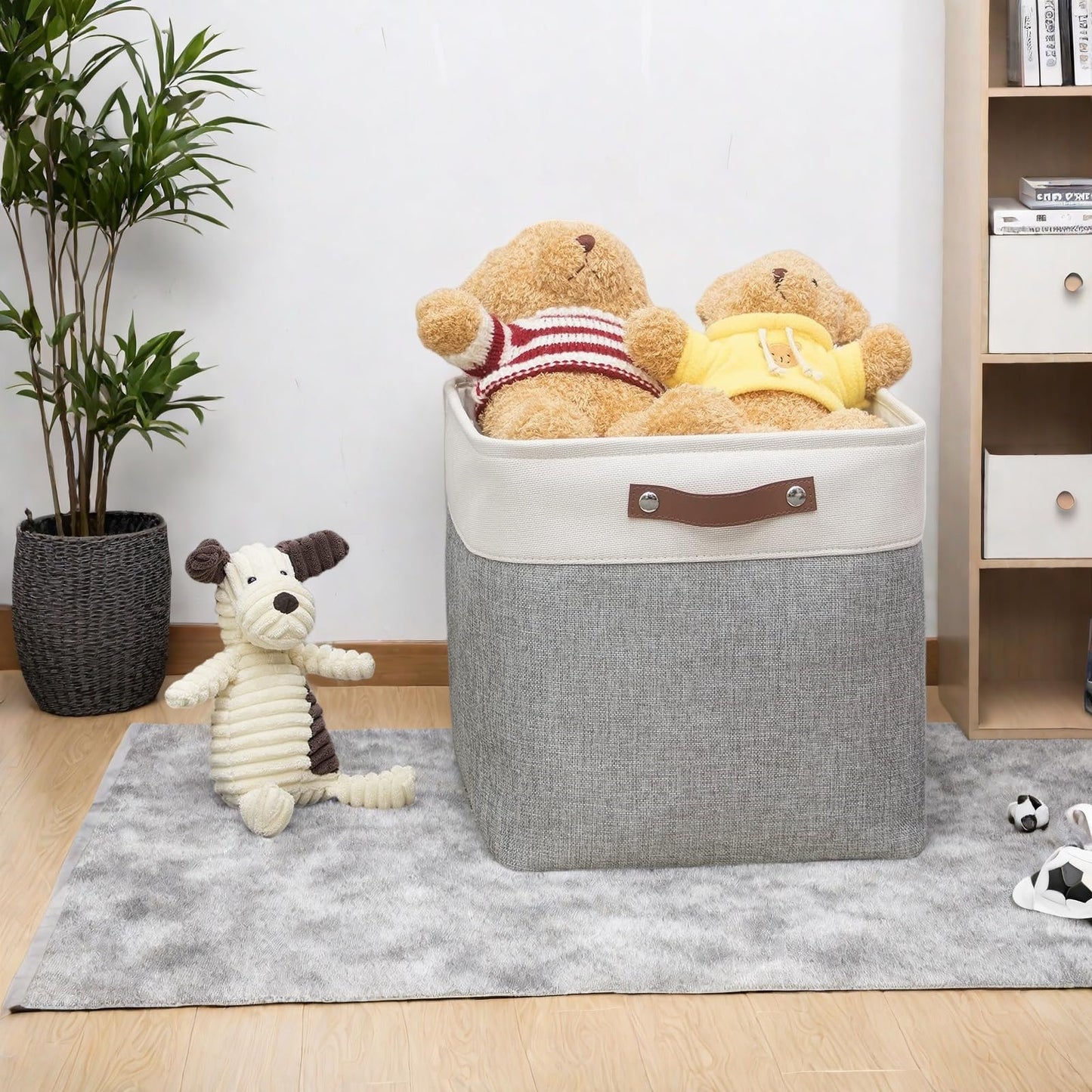 VIIHTYISA Fabric Storage Box, 4-Piece Set 33x33x33cm Cube Storage Boxes with Faux Leather Handle for Cube Shelves, Closet, Wardrobes | Grey & White