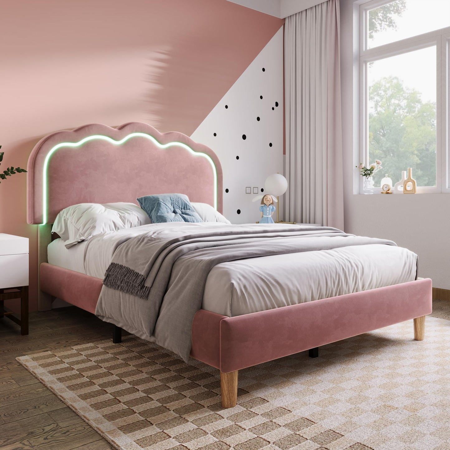 Merax Single bed frame, 3ft Single Upholstered Bed, Adjustable Height Puff Shaped LED Headboard, Sturdy Wooden Slat Support, Velvet Fabric