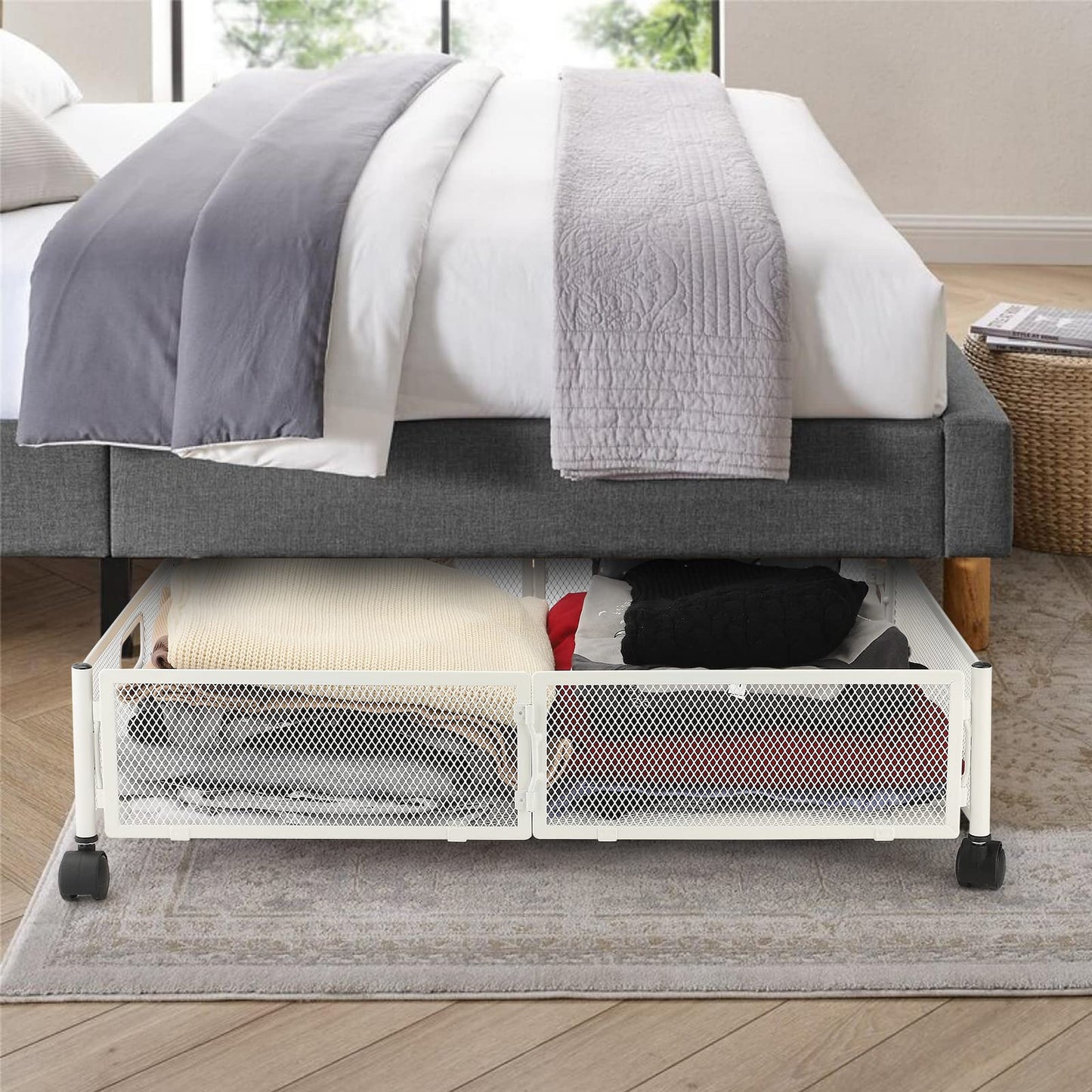 MISNODE Under Bed Storage, Under the Bed Storage Containers with Wheels, Tool-free Assembly Metal Underbed Storage Organizer Drawer for Bedroom