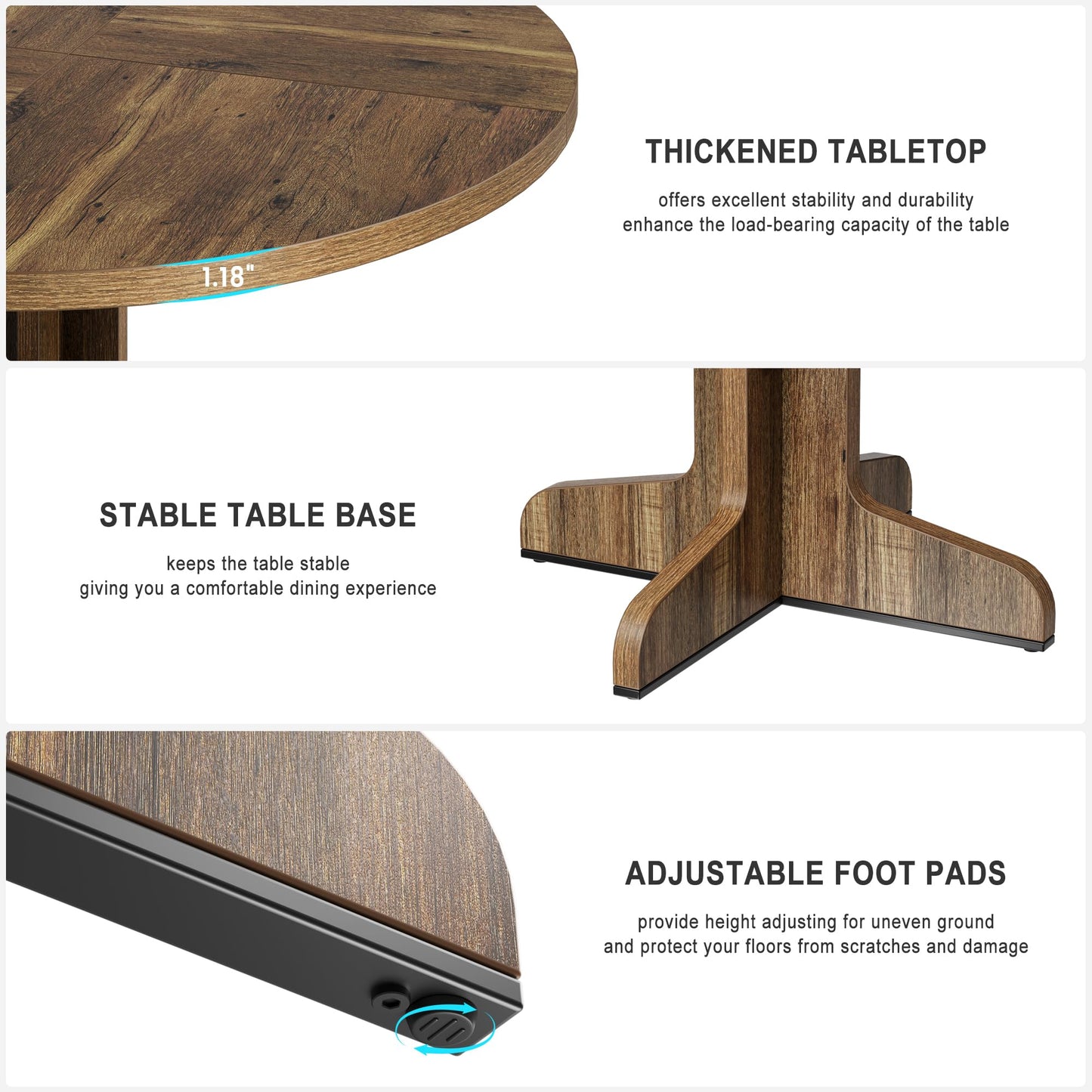 47.2 Inch Round Dining Table for 4-6 People, Engineered Wood Tabletop with Sturdy Wooden Base, Adjustable Feet for Stability