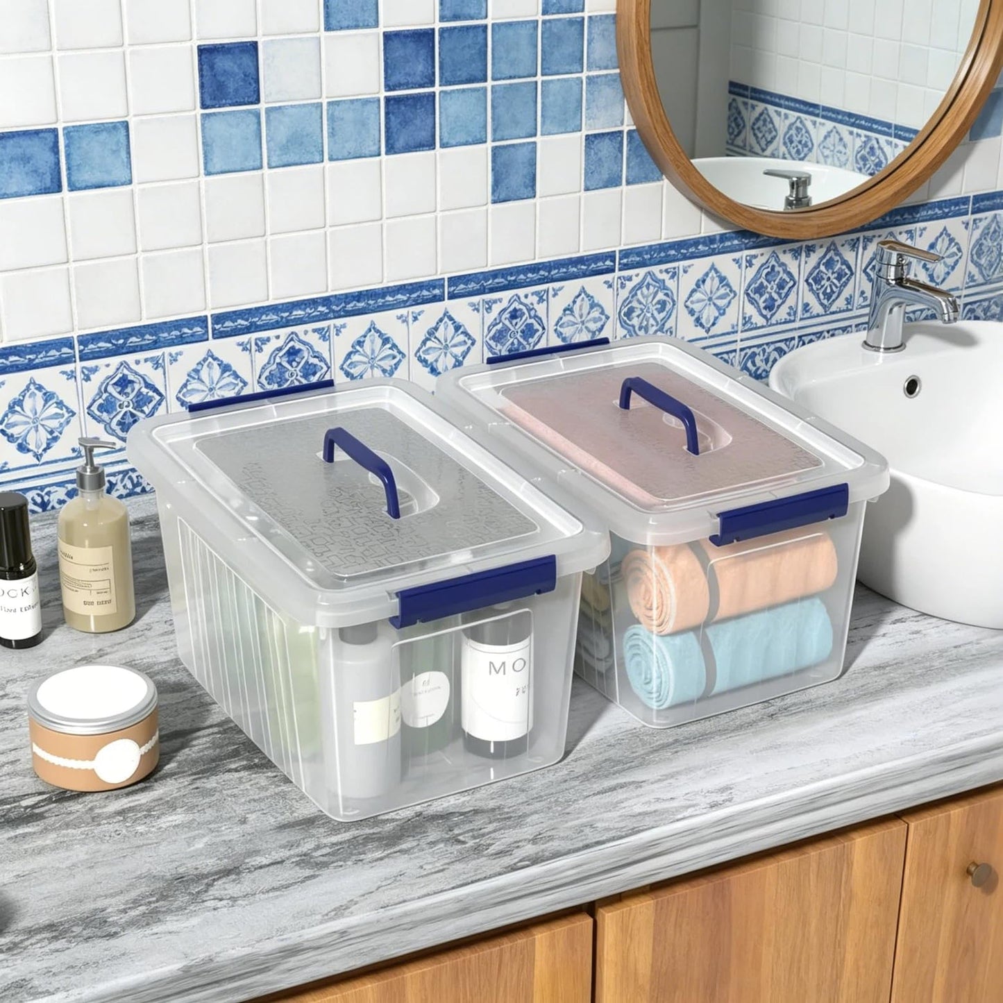 Ziglous 12 L Clear Plastic Storage Boxes with Lid and Handle, 6 Packs, Blue