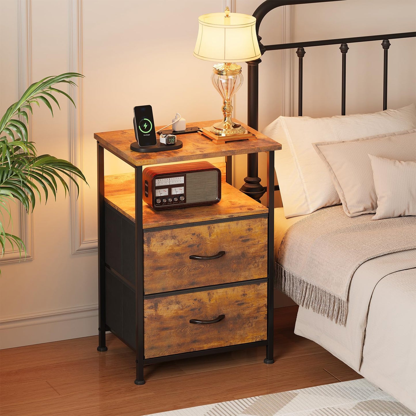 Flrrtenv Bedside Table with Charging Station, Smart Beside Cabinet, Nightstand with 2 Fabric Drawers & LED Light