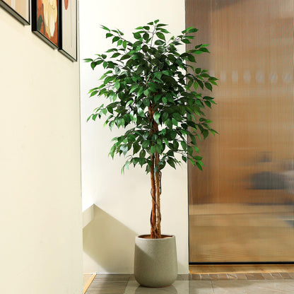 SOGUYI 150cm Artificial Ficus Tree with Natural Wood Trunk, Silk Fake Ficus Tree in Plastic Nursery Pot, Faux Plant for Office Home, Indoor Outdoor