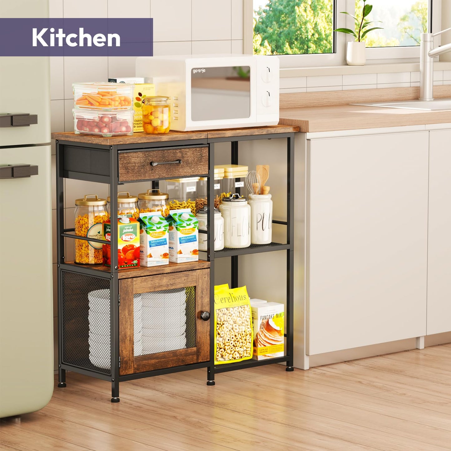 SWTYMIKI Farmhouse Coffee Bar Cabinet - Wood Metal Sideboard Buffet Storage