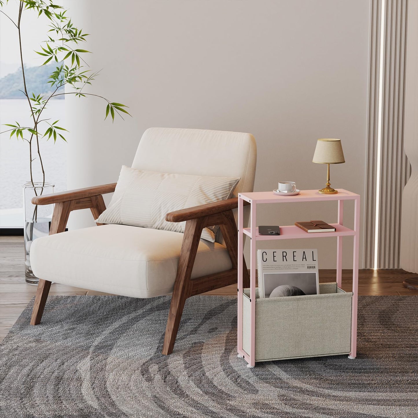 JERX Narrow Side Table with Fabric Basket, End Table for Small Spaces, Slim Side Table with Magazine Rack for Living Room Office Bedroom and Bathroom
