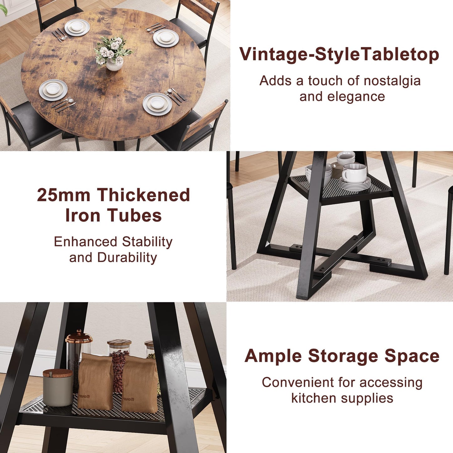 Jocoevol Round Dining Table for 2 People, Circle Dinner Table with Shelves, Space Saving Wood Kitchen & Dining Room Furniture (Vintage, 31 inch