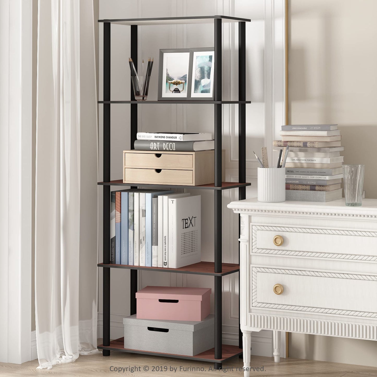 Furinno TURN-N-TUBE Tool-Free 5-Tier Book Shelf, Cherry Oak