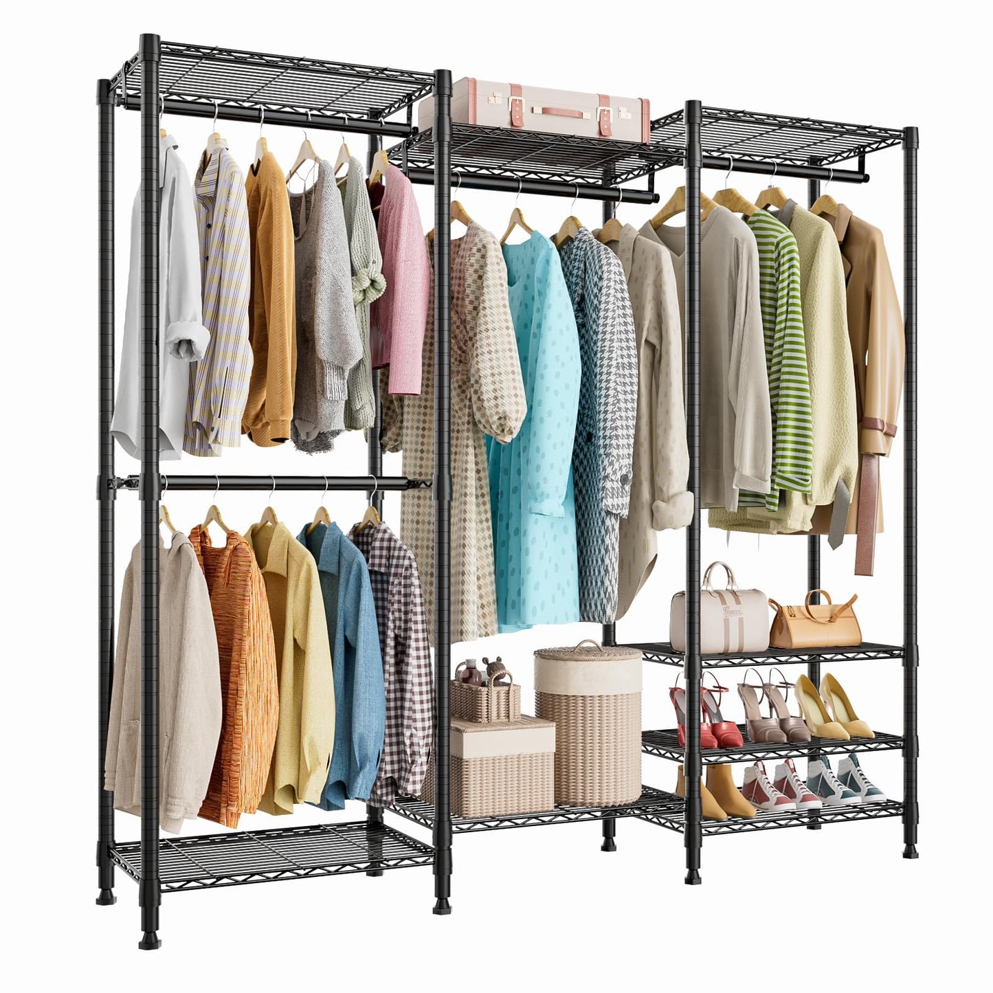 Heavy Duty Clothes Rail,Hanging Rails for Clothes,Clothing Rails,Portable Wardrobe Rail Metal Closet Rack with Shoe Rack