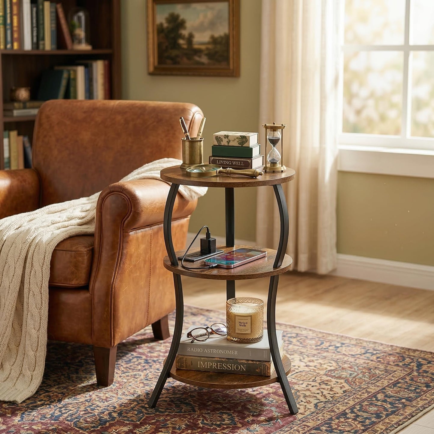YEAKOO Small Side Table with Charging Station,3-Tier Round end Table