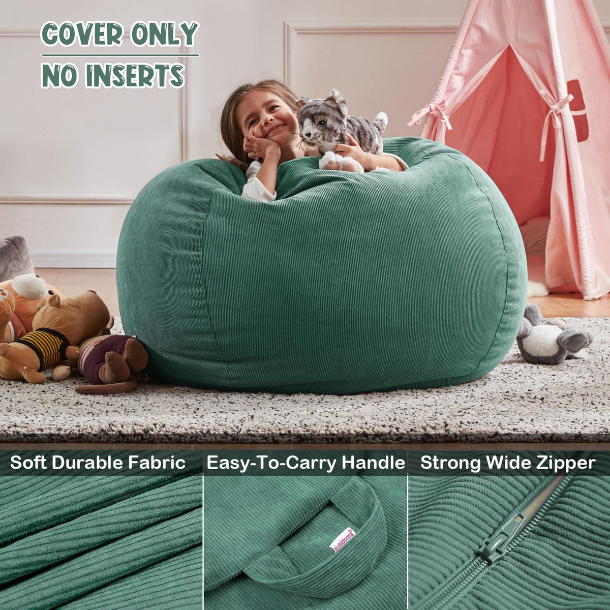 Nobildonna 3 ft Bean Bag Chair Cover No Filler for Adults and Kids 300L Extra Large Stuffed Animal Storage Bean Bag Washable Soft Premium Corduroy